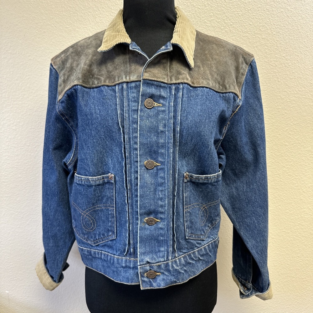 Vtg Ralph Lauren Dungarees Denim Jacket M Cropped Corduroy Leather Accents
